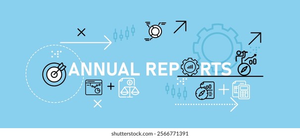 Conceptual annual reports design featuring company reporting accountability management business corporate analysis record investment information represented through icon outline set collection