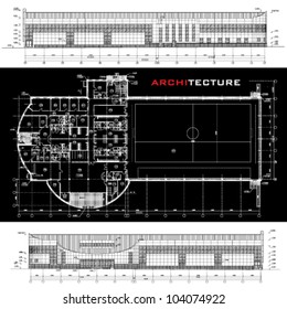 Conceptual architectural background. Part of architectural project, architectural plan, technical project, drawing technical letters, architect at work, planning on paper, construction plan