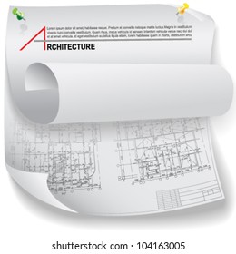 Conceptual architectural background. Part of architectural project, architectural plan, technical project, drawing technical letters, architecture planning on paper, construction plan
