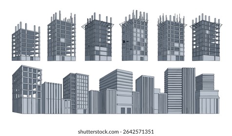 Conceptual Architectural Visualization Showing Various Stages of Urban Construction and High-Rise Building Development