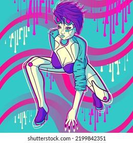 Conceptual Art About Artificial Intelligence. Synthwave Cyborg Woman With Robotic And Bionic Outfit On A Cyber Background. Science Fiction Digital Drawing About Future