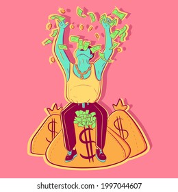 Conceptual art of a businessman on top of a money bag throwing bills in the air. Illustration of a banker about economics, success and being a millionaire. Vector of a rich entrepreneur.