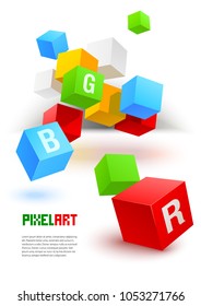 Conceptual art composition with cubes and letterings. Colorful objects and text area template