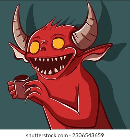 Conceptual art of a demon drinking the morning coffee. Vector illustration of a creature from hell with horns smiling and holding a cup.