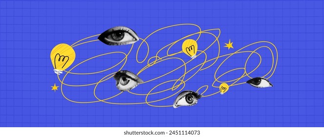 Conceptual art design of a woman thinking. Vector illustration with a blue eye and light bulb icon. Creative collage on abstract background.