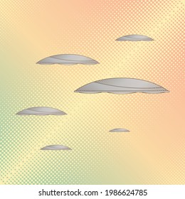 Conceptual art of extraterrestrial spaceships flying in the sky. Vintage style.