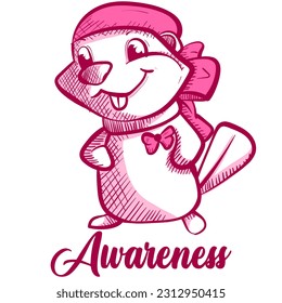 Conceptual art of a happy beaver wearing a scarf and a pink ribbon for breast cancer awareness campaign. Animal mascot artwork about a medical cause.