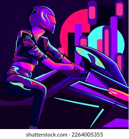 Conceptual art of a neon woman biker riding on a city. Retrowave vector and illustration of a motorbiker silhouette sitting and wearing a leather jacket.