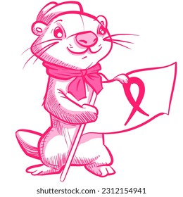 Conceptual art of an otter cartoon character holding a breast cancer awareness ribbon. Pink mascot supporting a medical cause.