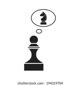 Conceptual art: pawn dreaming of becoming a chess knight, vector.