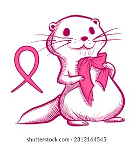 Conceptual art of a pink otter wearing a scarf for breast cancer awareness month. Cute cartoon character of a weasel with the breast cancer bow near it.