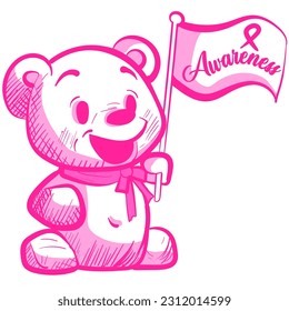 Arte conceptual de un oso de peluche rosa sosteniendo una bandera con conocimiento para el mes del cáncer de mama. Vector de un animal relleno que apoya una causa médica.