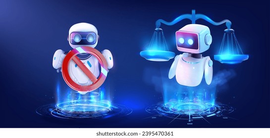 Conceptual Art of Robotic Justice Scale and Prohibition Sign on Digital Background. Symbolizing  judicial law system and artificial intelligence. The ban on robots and artificial intelligence. Vector