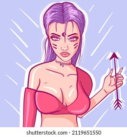 Conceptual art of a sagittarius young woman with purple hair and an arrow on her hand. Astrological zodiac sign of a girl. Astrology drawing series.