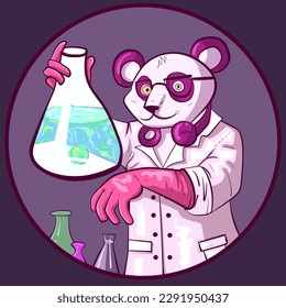 Conceptual art of a scientist panda holding a chemistry flask full of blue liquid. Chemist doctor bear vector in a lab robe and rubber gloves doing experiments.