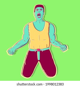 Conceptual art of a screaming man representing the wrath sin from the catholic bible. Muscular irritated and aggressive man shouting and throwing fists out of anger. 