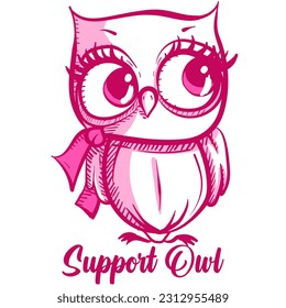 Conceptual art of a support owl with big eyes wearing a pink scarf for breast cancer awareness month. Animal mascot for a medical cause.