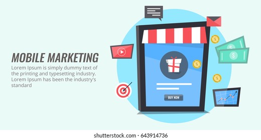 Conceptual artwork of mobile marketing, mobile commerce, e-shopping flat vector illustration with icons