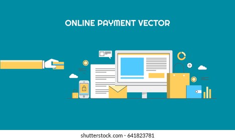 Conceptual artwork for on-line payment, transaction, e-shopping and purchase vector banner isolated on dark background