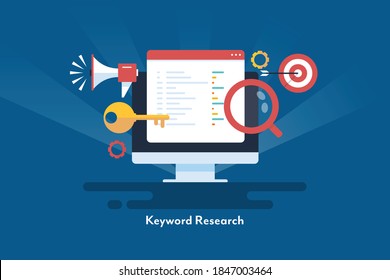 Conceptual artwork for SEO keywords, Keyword research, Keyword analysis, target marketing - flat design vector illustration with icons