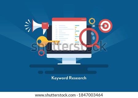 Conceptual artwork for SEO keywords, Keyword research, Keyword analysis, target marketing - flat design vector illustration with icons