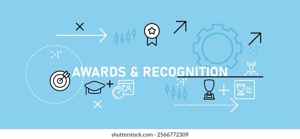 Conceptual awards recognition design featuring goal ambition respect gratitude performance trophy victory ceremony celebration successful accomplishment represented through icon outline set collection