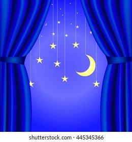 conceptual background with blue curtain open, with a crescent moon and stars
blue, theater, beginning