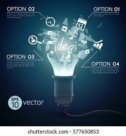 Conceptual background with bursting incandescent light bulb glass shards and creative idea signs symbols with text vector illustration