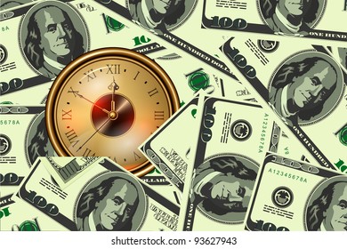 Conceptual background. Hours against hundred dollar banknotes. Time is money