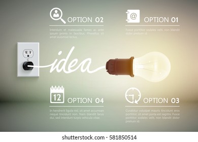 Conceptual background with incandescent lamp connected to power socket with word idea and decorative signs vector illustration