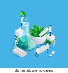 Conceptual background with pharmacy medication images of drug production chemists figures carrying blister cards of pills vector illustration