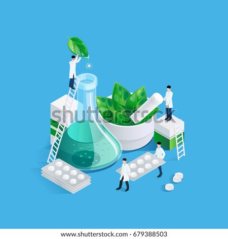 Conceptual background with pharmacy medication images of drug production chemists figures carrying blister cards of pills vector illustration