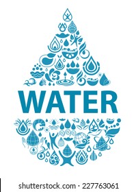 Conceptual background of pure water. Set of water icons and design elements.