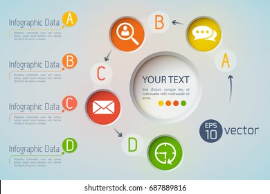 Conceptual background with round flowchart of colorful circle communication pictograms and four text paragraphs vector illustration