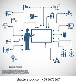 Conceptual background with strategy, business training, human resources related icon set.