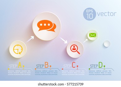Conceptual background with virtual business technology circle pictograms of various size connected with arrows and text vector illustration