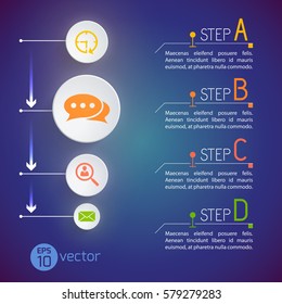 Conceptual background with virtual interface flowchart of digital communication icons and four step editable descriptions vector illustration