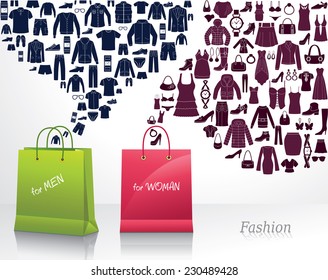 Conceptual background with women's and men's fashion. Shopping.