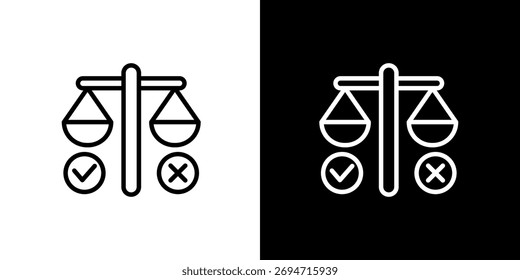Ícone de escala de equilíbrio conceitual que simboliza a tomada de decisões críticas, a avaliação de escolhas e a ponderação de opções entre resultados certos e errados para fins de justiça e julgamento