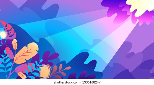 conceptual banner, bad weather, storm, huge waves, rays of light make their way through clouds illuminate tropical plants, abstract background, divided into color sectors