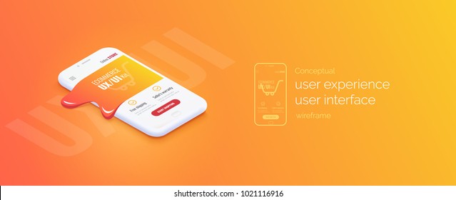 Conceptual banner, booklet, brochure. User experience, user interface. 3d phone with the layout of the web page. Molten mobile interface. Mobile application
