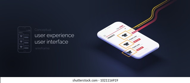 Conceptual banner, booklet, brochure. User experience, user interface. 3d phone with the layout of the web page. Mobile interface with moving elements. Mobile application