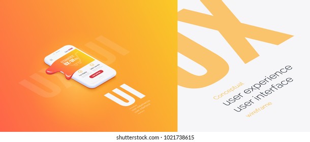 Conceptual banner, booklet, brochure. User experience, user interface. 3d phone with the layout of the web page. Molten mobile interface. Mobile application	
