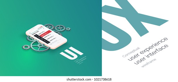 Conceptual banner, booklet, brochure. User experience, user interface. Gear mechanism and 3d phone with a web page layout. Mobile application work	
