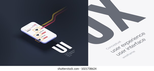 Conceptual banner, booklet, brochure. User experience, user interface. 3d phone with the layout of the web page. Mobile interface with moving elements. Mobile application