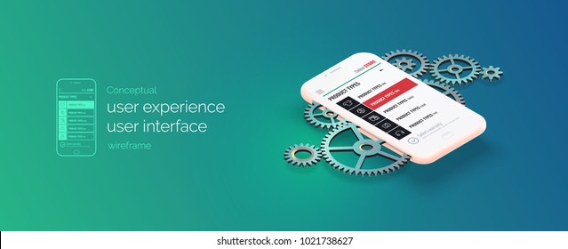 Conceptual banner, booklet, brochure. User experience, user interface. Gear mechanism and 3d phone with a web page layout. Mobile application work	