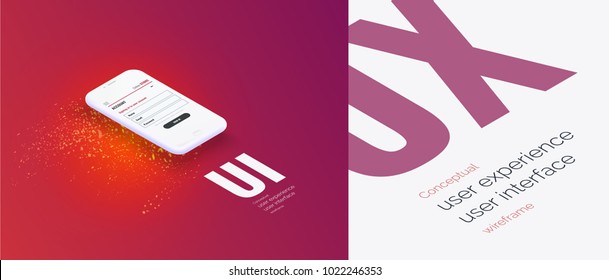 Conceptual banner, booklet, brochure. User experience, user interface. Sparks around the flying 3d phone with a web page layout. Mobile app	
