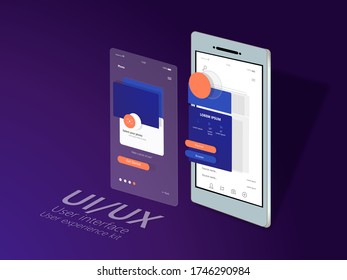 Conceptual banner, booklet, brochure. User experience, user interface. 3d phone with the layout of the web page. modern mobile interface. Mobile application