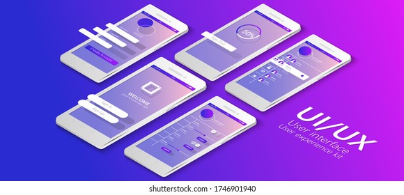 Conceptual banner, booklet, brochure. User experience, user interface. 3d phone with the layout of the web page. modern mobile interface. Mobile application