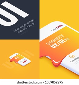 Conceptual banner, booklet, brochure,card. User experience, user interface. 3d phone with the layout of the web page. Mobile application. Abstract background